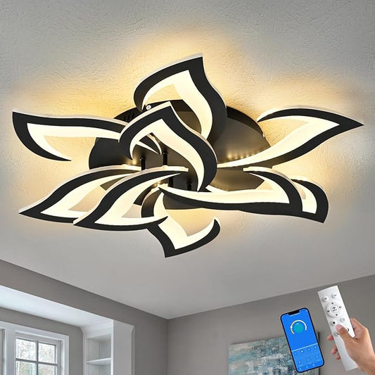 HuixuTe 31" Black Modern Geometric Dimmable Ceiling Light Fixture, 9 Leaves Low Profile Flush Mount Ceiling Light for Kitchen, Bedroom, Living Room