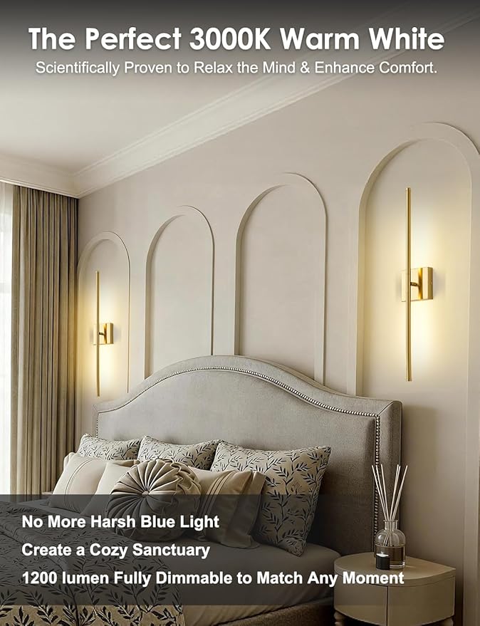 KARTOOSH 27.8 Inch Hardwired Wall Sconces Set of Two, 3000K Warm White Dimmable Modern Wall Sconces, 350° Rotate LED Light Fixtures Wall Lamp for Bathroom Living Room Bedroom Bedside, Brushed Brass