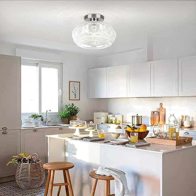 Semi Flush Mount Ceiling Light, Upgraded Larger Brushed Nickel Glass Ceiling Light Fixture, Vintage Lighting for Hallway Kitchen Bedroom Dining Room, Bulb Not Included