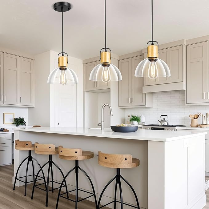 2 Pack Glass Pendant Lights Kitchen Island, Modern Farmhouse Pendant Light Fixture with 7.5" Clear Glass Shade, Hanging Light for Dining Room, Bedroom, Bathroom, Solid Wood