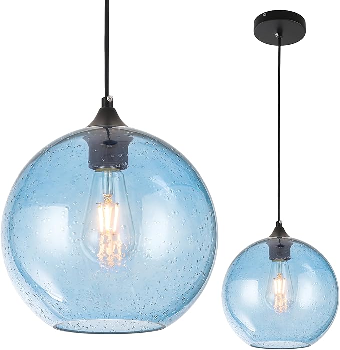 Blue Glass Pendant Lights Kitchen Island Lighting Modern Globe Pendant Light Fixtures Modern Pendant Lights for Kitchen Island Bedroom Living Dining Room Light Fixture-9.8inch