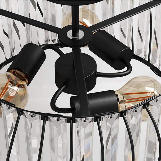 ANWIO 15.8inch Crystal Semi Flush Mount Ceiling Light Fixtures, 3-Light Black Chandelier Bedroom Ceiling Light Fixtures, Living Room Light Fixture for Kitchen Hallway Bathroom Dining Room, E12