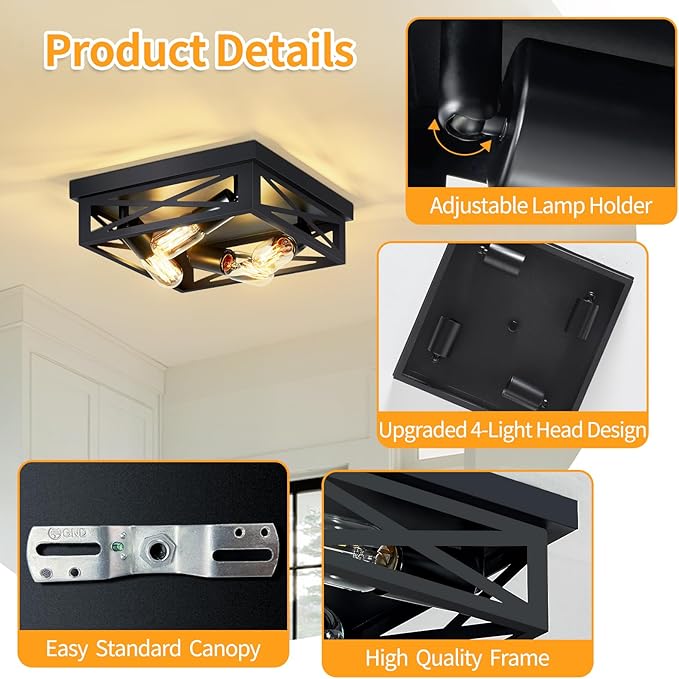 ZHU YAN Farmhouse Ceiling Light Fixture, 2 Pack Square Black Metal Cage Ceiling Lamp for Kitchen Entryway Hallway (4-Light)