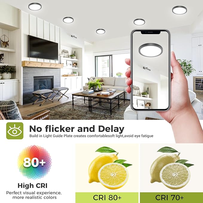 hepside 1PACK Flush Mount LED Ceiling Light Fixture - Black, 6.5Inch 12Watt, Dimmable & 3 Color Selectable - 1200LM Low Profile Light for Kitchen, Bedroom, Hallway, Porch
