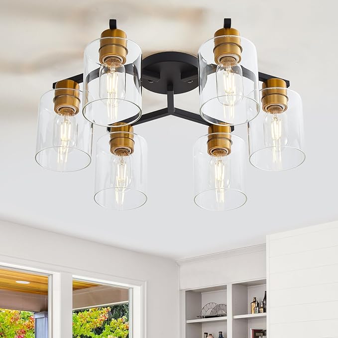 Black and Gold Semi Flush Mount Ceiling Light, 6 Light Vintage Kitchen Ceiling Lighting Fixtures, Large Ceiling Light Fixtures with Clear Glass Shade for Hallway, Living Room, Bedroom, Farmhouse