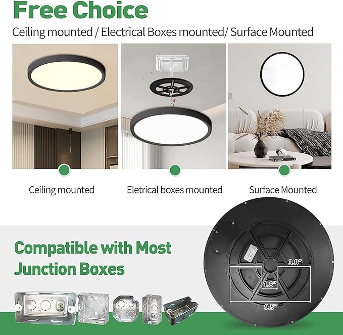 15.8 Inch Black LED Flush Mount Ceiling Light, 32W, 3480LM, 3000K/4000K/6000K CCT Selectable, Round Flat Panel Light Fits Hallways, Kitchens, Bedrooms, Laundry Rooms