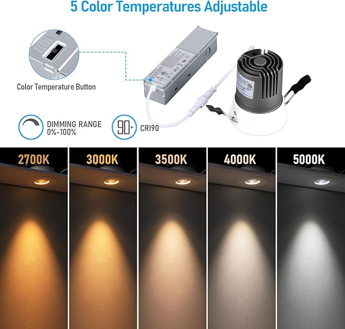 TORCHSTAR 3 Inch 5CCT LED Slot Aperture Recessed Lights with J-Box, 35° Ultra-Narrow Trim Recessed Ceiling Spotlight, IC Rated, Dimmable, Anti-Glare, CRI 90, 2700-5000K, ETL FCC, Pack of 2