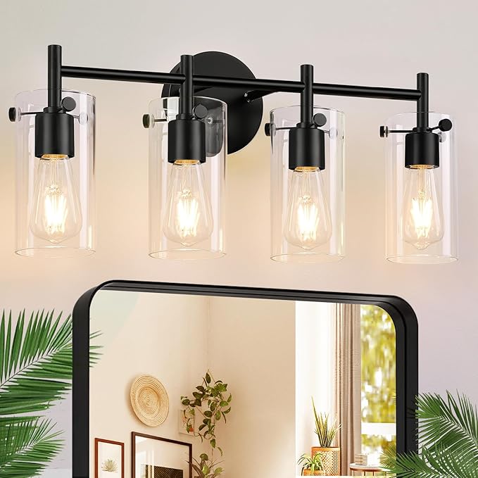 Indoi 4-Light Matte Black Bathroom Vanity Light Fixtures, Clear Glass Shade Wall Sconces for Mirror, Bedroom, Living Room, Hallway