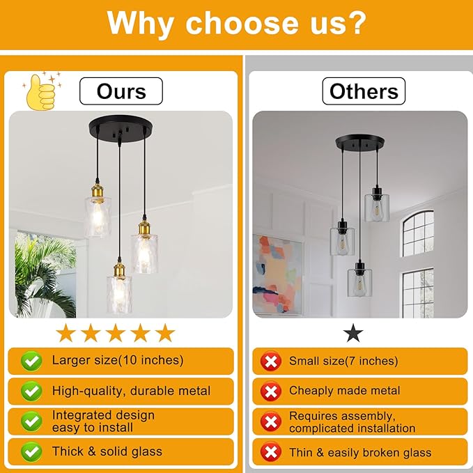 Modern Pendant Lights Kitchen Island, 3-Light Black and Gold Pendant Light Fixtures with Clear Hammered Glass Shade, Industrial Hanging Pendant Lights Fixture for Kitchen Island Dining Room Entryway