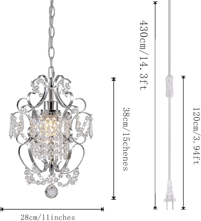 Plug in Chandelier Hanging Light Fixture with 14.27 Ft Hanging Cord and On/Off Switch,Mini Chrome Crystal Chandelier Light Fixture for Bedroom,Girls Room,Bathroom