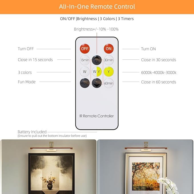 Wireless Picture Lights for Wall Rechargeable,16 inch Battery Operated Art Light for Paintings,3CCT Dimmable with Remote,Rotatable Gallery Light for Pictures Display,Wood