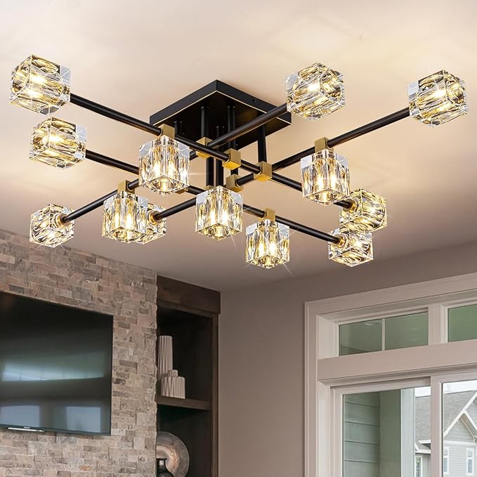 Semi Flush Mount Ceiling Light Fixture,13-Lights Modern Crystal Light Fixture,Black and Gold Modern Crystal Chandelier,Sputnik Chandeliers for Dining Room Kitchen Island Bedroom Living Room