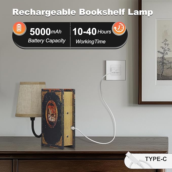 Vintage Bookshelf Lamp Rechargeable Set of Two, Cordless Book Lamp with Linen Shade, Dimmable Touch Control Table Lamp, Modern Decorative Bookend, Bookshelf Lights for Office Home