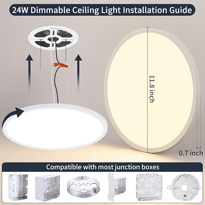 12 Inch Flush Mount Ceiling Light, 24W Dimmable LED Fixture 2400LM, 3000K/4500K/6000K Adjustable, Ultra Thin Round Ceiling Lamp for Bedroom, Kitchen, Living Room, Dining Room, Bathroom, White