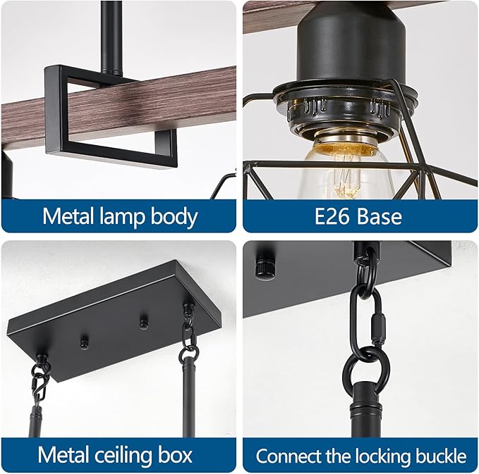 5-Light Modern Farmhouse Island Lighting, Adjustable Height Rustic Chandelier with Walnut Metal Frame & Matte Black Geometric Shade, E26 Base Hanging Light for Dining Room Over Table