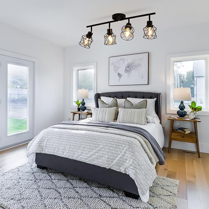 4-Lights Black Semi Flush Mount Ceiling Light, Adjustable Multi-Directional Light Fixtures,Rotatable Farmhouse Light Fixture with Metal Cage for Dining Room,Living Room,Kitchen