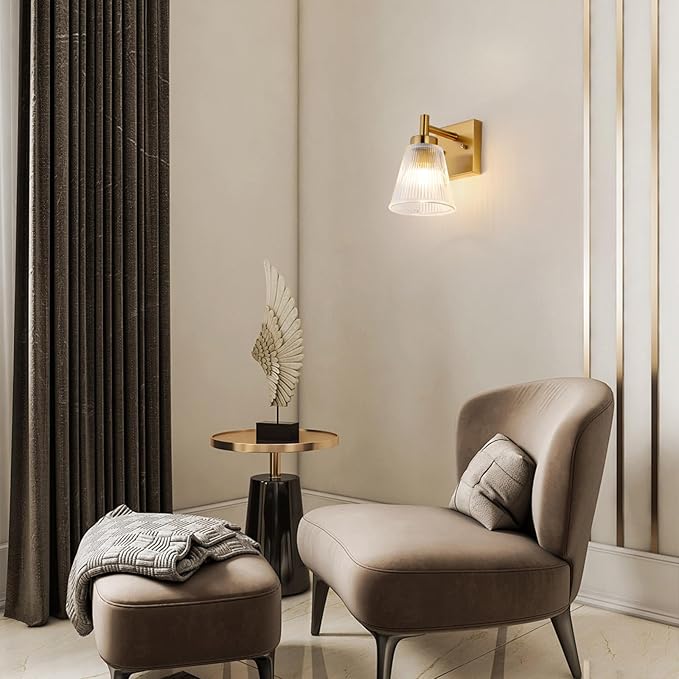 OCIOC Gold Hardwired Wall Sconces Set of Two, Modern Glass Wall Lights for Bathroom, Wall Mounted Light for Bedroom, Living Room, Hallway, Cabinet Porch