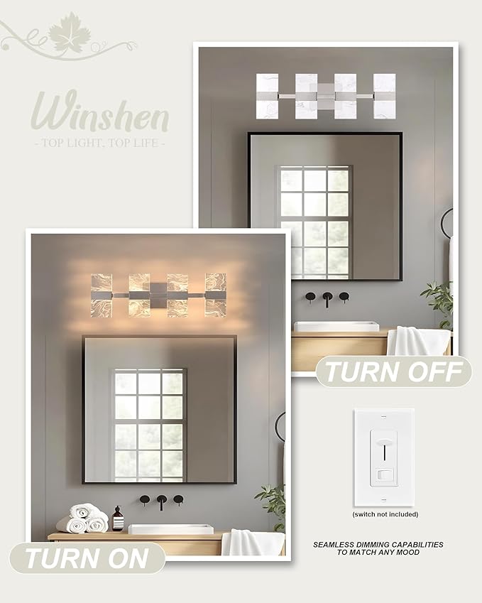 WINSEHN Brushed Nickel LED 3000K Bathroom Light Fixture, Modern 4-Lights Vanity Lighting with Smoke Acrylic Shades, Wall Lamp Over Mirror for Kitchen Bedroom (Integrated Led Chips Included)