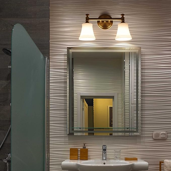 Gold Bathroom Vanity Light Fixtures, Traditional Aged Brass 2 Lights Wall Sconce Lighting with Opal Glass Shade, Porch Wall Mount Light Fixture for Bathroom, Mirror Cabinets Hallway Stairs