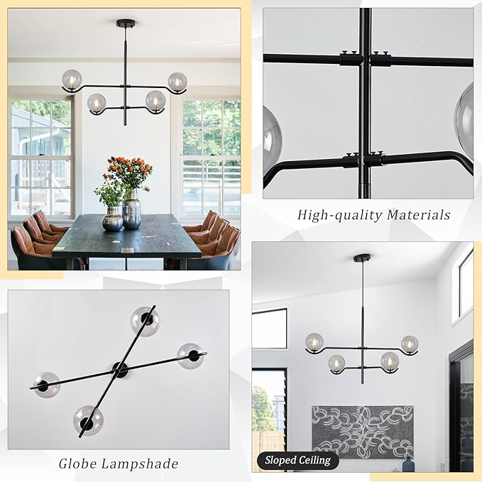 CATINER Modern Black Sputnik Chandelier, Large 4 Lights L31 '' Mid Century Long Ceiling Pendant Light with Smoke Gray Glass Globe Shades for High Ceiling Living Dining Room Foyer Bedroom