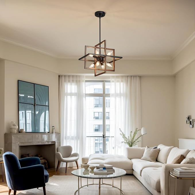Black Farmhouse Chandelier Ceiling Light Fixtures, 8-Light Geometric Pendant Light Height Adjustable Faux-Walnut Grain Metal Lamp for Entryway, Foyer, Stairway, Hallway, Living Room