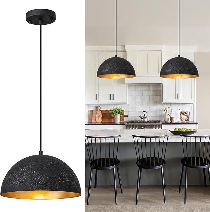 Farmhouse Pendant Light,11.8" Black with Gold Grain Industrial Dome Chandelier,Adjustable Vintage Pendant Lights Kitchen Island for Dining Room,Bedroom,Hallway