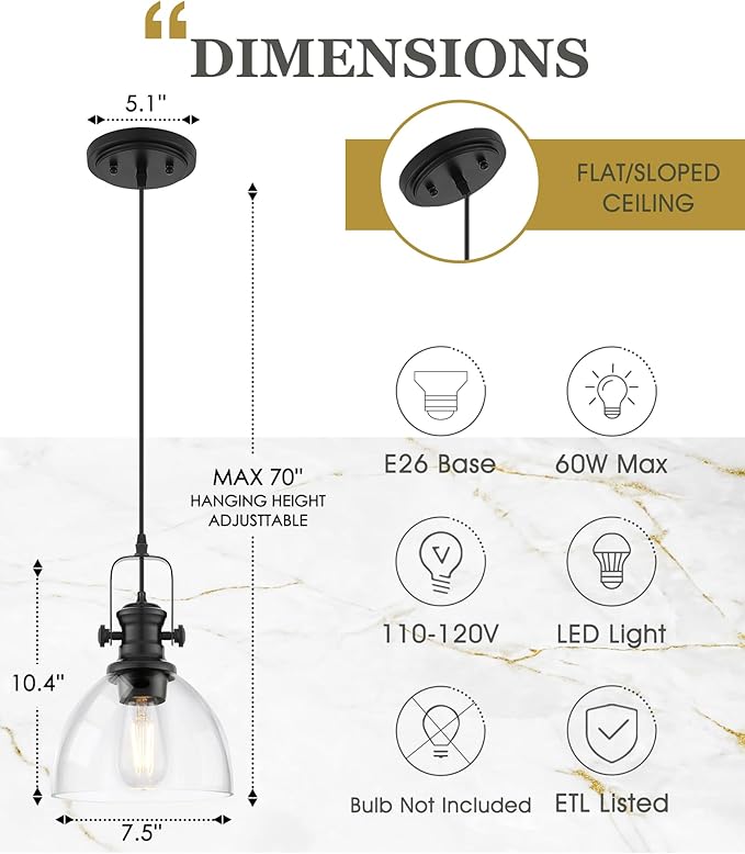 Black Pendant Lights Kitchen Island, 7.5" Farmhouse Pendant Lighting with Clear Glass Shade, Vintage Hanging Light Fixtures for Dining Room Entryway, Adjustable Cord, AD-22151-1P-BK-C