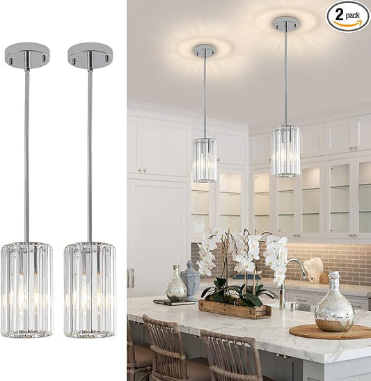 Chrome 2-Pack Modern Pendant Lights Mini Chandelier Kitchen Island Pendant Lights Hanging Light Fixtures Adjustable Crystal Chandelier Fixture for Island Dining Room Hallway Bedroom