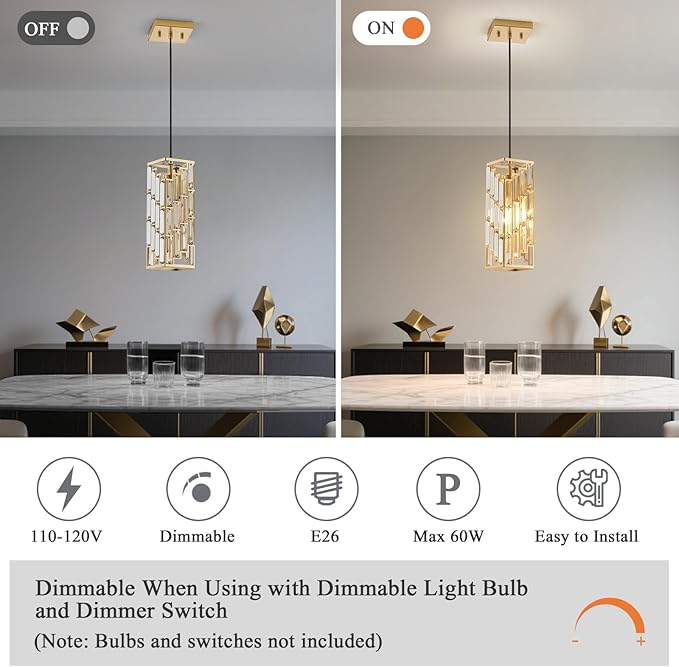 Gold Pendant Lights Kitchen Island 2 Pack, Adjustable Modern Pendant Light Fixtures, Mini Crystal Chandeliers for Dining Room Bedroom Foyer Hallway