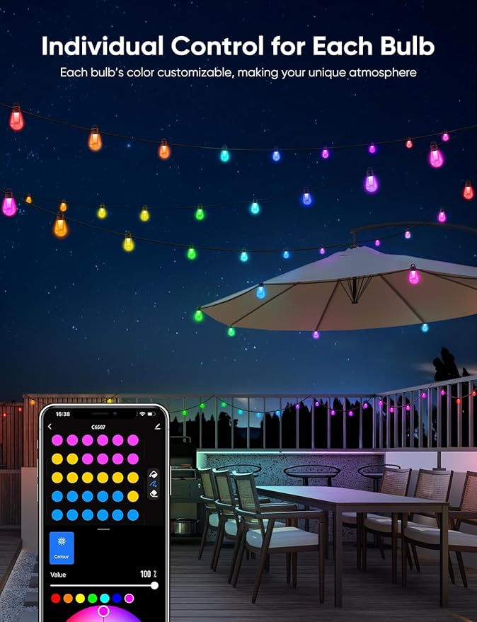 APPECK Outdoor String Lights, 50ft Smart RGBW Patio Lights Outside with 15 LED Bulbs, Extendable, 111 Scene Modes, IP65 Waterproof Lighting for Backyard, Dimmable Warm White, Compatible with Alexa