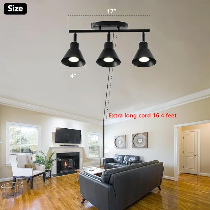 3 Light Plug in Track Lighting Kit,Modern Plug in Ceiling Light Fixture,16.4ft Cord,Timer & Dimming Switch,3 Way Ceiling Spot Lighting,Flexibly Rotatable Light Head (Black)