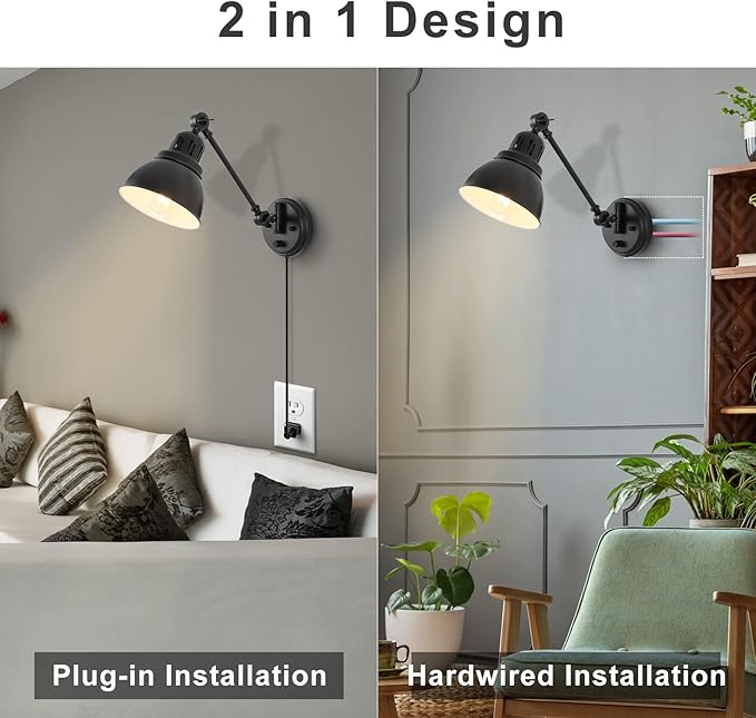 GOODATE Plug in Wall Sconces, Wall Sconce Lighting with Dimmable On Off Switch, Swing Arm Wall Lamp, Black Metal Industrial Wall Light Fixtures, Safety E26 Base, 6FT Plug in Cord