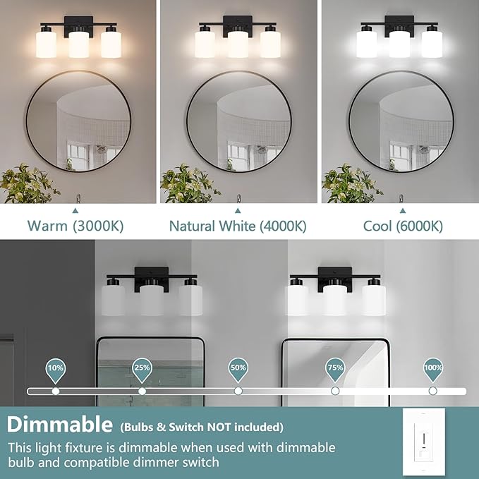 Black Bathroom Light Fixtures, 3-Light Modern Vanity Lights with Milky White Frosted Glass Shades, Wall Sconces for Mirror, Bathroom, Restroom (E26 Socket)