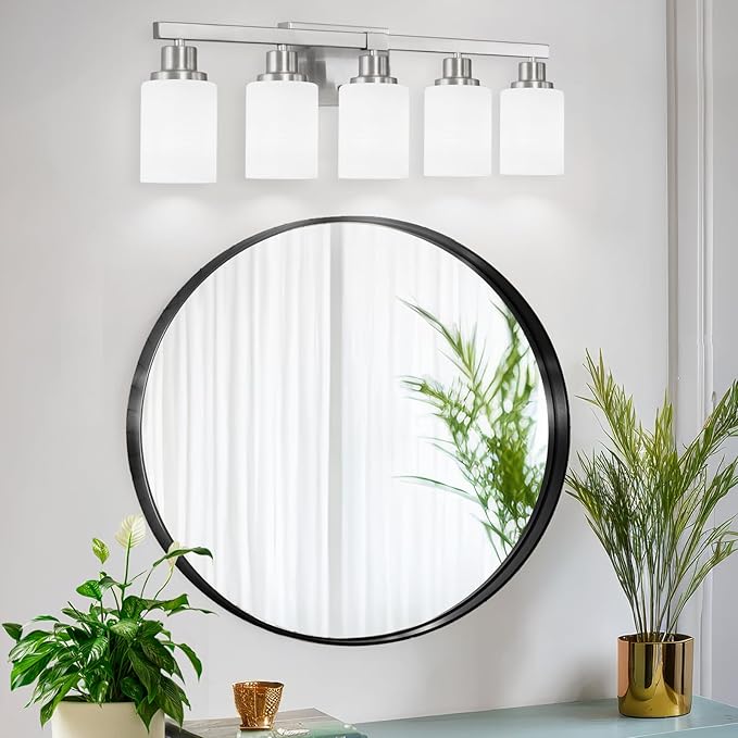5-Light Bathroom Light Fixtures, 30" Nickel Bathroom Vanity Light with Milky White Glass Shade, Modern Bathroom Wall Lights Over Mirror, Farmhouse Wall Sconces Lighting for Bedroom Living Room