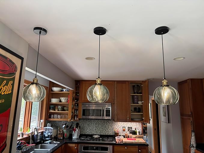 7.8in Vintage Pendant Light 2- Light Kitchen Sink Pendant Lights with Green Hand Blown Glass Small Hanging Lamp for Kitchen Island Dining Room Bedroom Bathroom Hallway E26