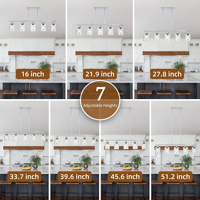 39.4" Kitchen Island Lighting, 5 Lights Clear Glass Pendant Light Fixtue, Chrome Linear Metal Chandelier for Dining&Living Room Foyer,Height Adjustable,E26 Socket