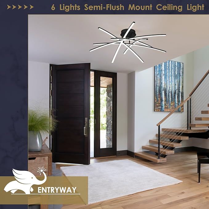 Modern 32.8" LED Chandelier Ceiling Light 6-Lights Black Dimmable Semi Flush Mount Ceiling Light Fixtures with Remote for Living Room Bedroom Kitchen 65 W 3000K-6000K
