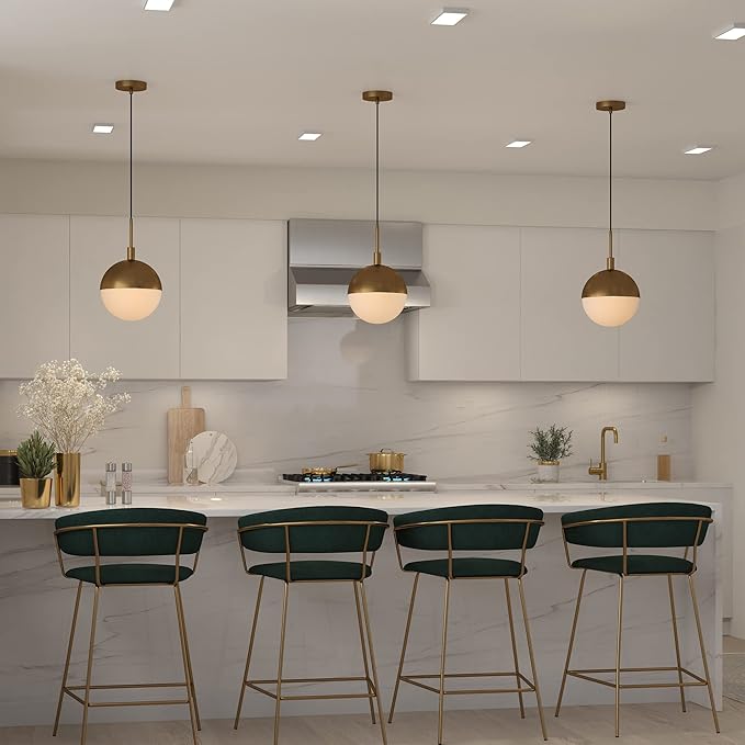 Henn&Hart 10" Modern Pendant Light Fixture with White Milk Glass Globe Shade and 8' Adjustable Cord for Kitchen Island, Dining Room or Game Room, Gold