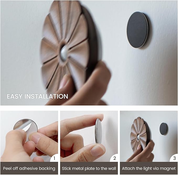 Motion Sensor Night Light Wooden Carved Flower Mini USB Rechargeable Stick-On Step Lights Magnetic Wall Lights for Hallway Bedroom Living Room Stair (2 Pack Black Walnut)