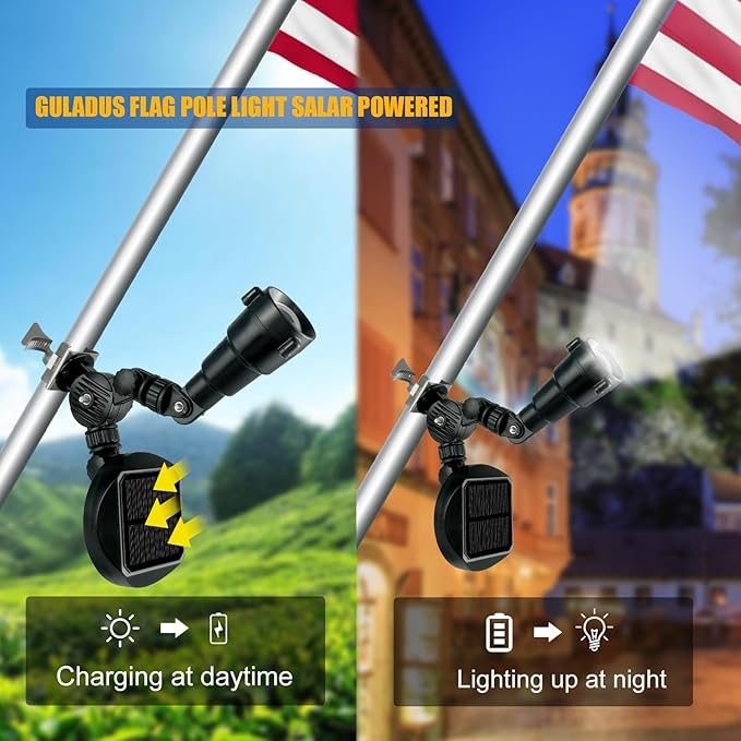 Solar Flag Pole Light, Flagpole Light Solar Powered, Super Bright PC Crystal LED Spotlight, Adjustable Bracket & Metal Clamp Fits 1-1.5" Flagpole, Up to 8-12 Hrs, Black