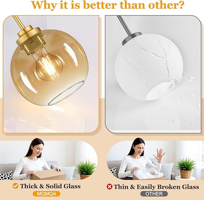 MQMQA 2 Pack 7.2-Inch Globe Pendant Lights, Mid Century Gold Pendant Light Fixtures, Amber Glass Pendant Lights Kitchen Island Adjustable Hanging Fixture for Dining Room Bulbs not Included