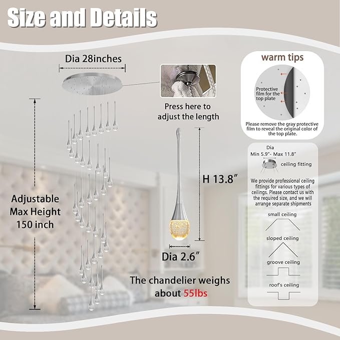 ykolupty 150in High Ceiling Chandelier for Foyer Entrance 36-Light Crystal Silver Chandelier Light Fixture Large Ceiling Light for Living Room Staircase Hallway Dining Room