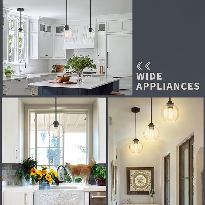Globe Pendant Light – 7 Inch Clear Glass Modern Hanging Fixture, Black Finish Adjustable Height & Sloped Ceiling Compatible for Kitchen Island Dining Room Bedroom Hallway Farmhouse, 1 Pack