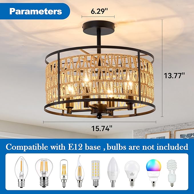 4 Light Rattan Ceiling Light Fixture 15inch Boho Semi Flush Mount Ceiling Light Black Hand-Woven Cage Wicker Chandelier for Dinning Room Living Room Bedroom Farmhouse Hallway Kitchen