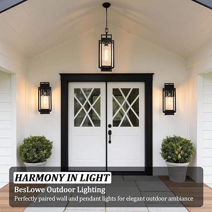 BesLowe 15” Outdoor Pendant Light with LED Bulb, Modern Hanging Lantern Light for Outside with Water Ripple Glass, Black Exterior Pendant Lighting Fixture, Outdoor Chandelier for Front Porch, Gazebo