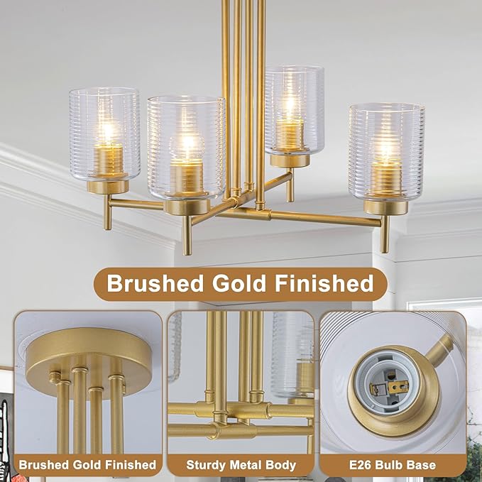4-Light Modern Sputnik Chandelier Gold Sputnik Semi Flush Mount Ceiling Light with Striped Glass Shade for Living Room Dining Room Kitchen Island Bedroom Hallway Entryway Foyer