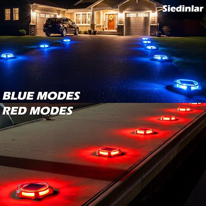 SIEDiNLAR Solar Deck Lights Outdoor 2 Modes LED Driveway Markers Dock Light Waterproof for Step Walkway Ground Stair Pathway Yard Road Garden 12 Pack (Blue/Red)