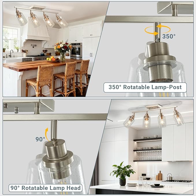 LOUSACE 4-Light Track Lighting Fixtures, Rotatable Track Heads Bathroom Vanity Light Ceiling Spotlight Brushed Nickel, Seeded Glass Shades