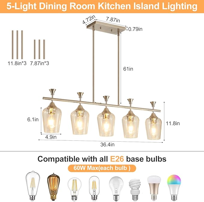37" Dining Room Light Fixture/Chandelier Over Table, 5-Light Brushed Nickel Kitchen Island Lighting with Clear Glass Shade, Modern Hanging Pendant Lights Fixture for Kitchen Island, Dining Room, Bar