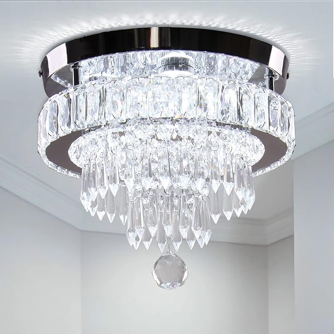 11.8" Crystal Pendant Light LED Crystal Recessed Ceiling Light Modern Pendant Light for Bedroom Dining Room Hallway (6500K Cool White)